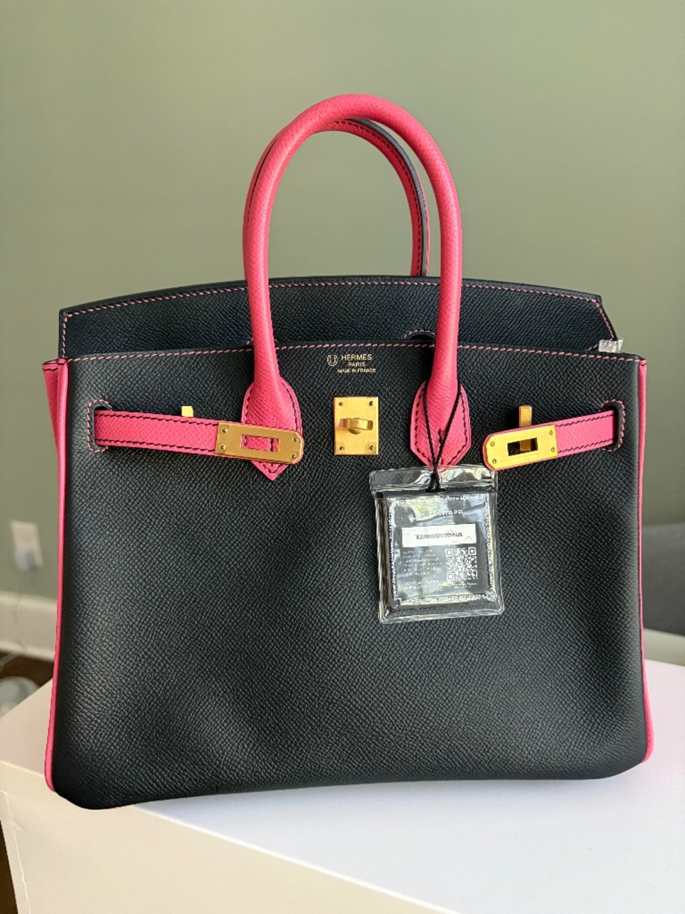 Hermes Birkin 25 Special Order Black&Rose Azalee Epsom Leather Brushed Gold 2018